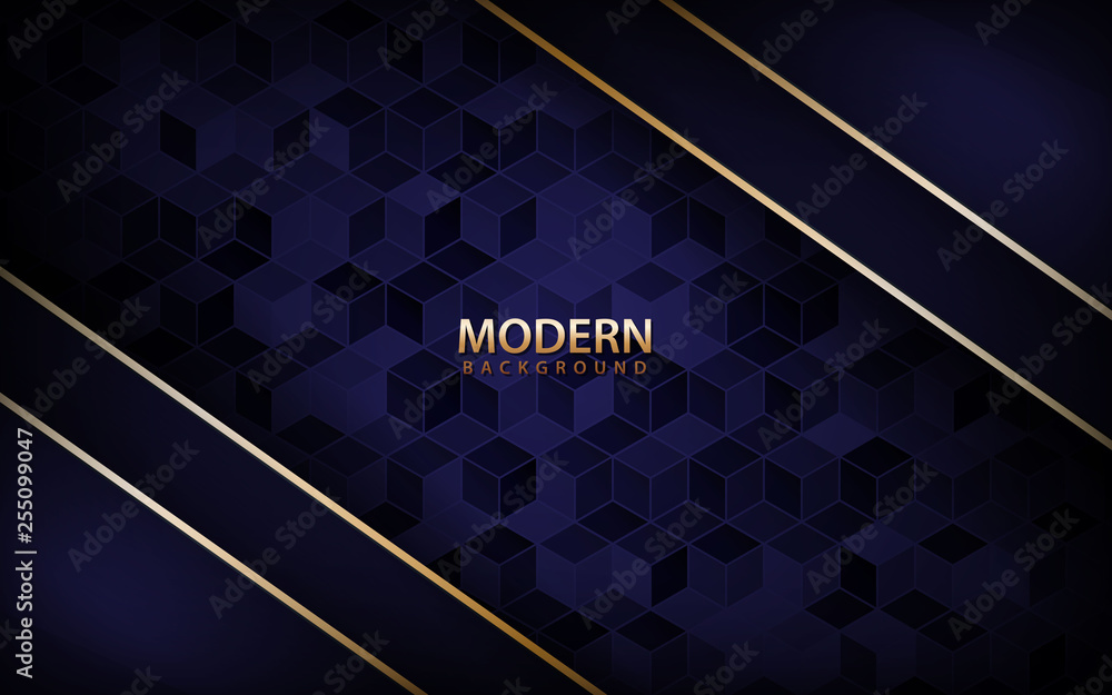 Poster blue overlap background vector. realistic layer with golden line on cubes pattern background. vector