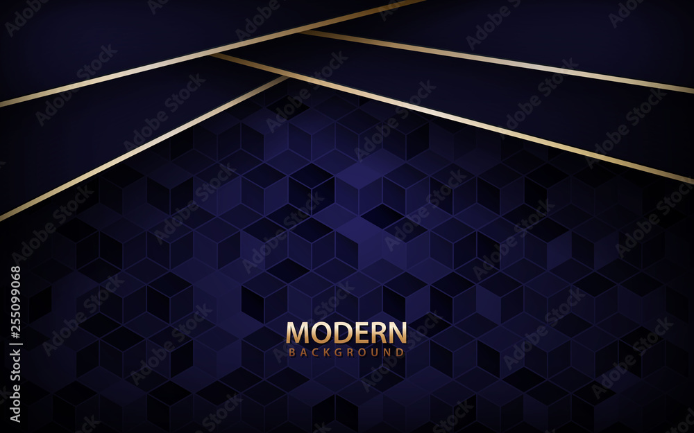 Poster blue overlap background vector. realistic layer with golden line on cubes pattern background. vector