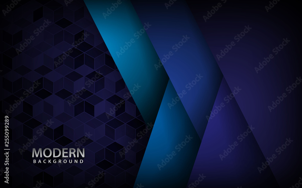 Poster blue overlap background vector. realistic layer with golden line on cubes pattern background. vector