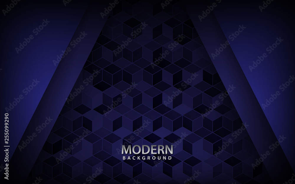 Poster blue overlap background vector. realistic layer with golden line on cubes pattern background. vector