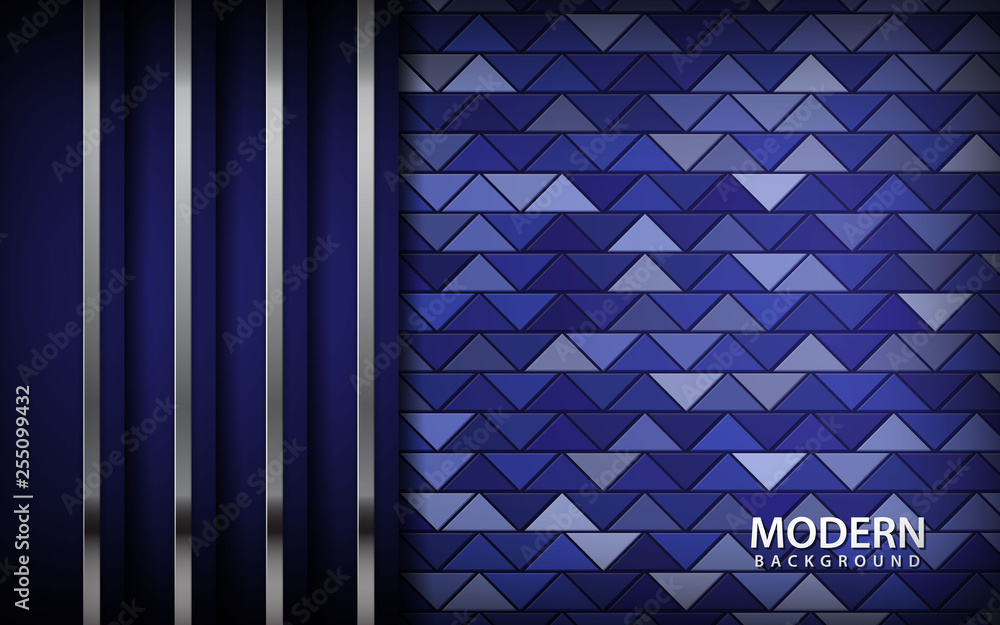 Poster realistic blue abstract background. blue layer with silver line on triangle pattern background. 3d b