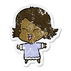 distressed sticker of a happy cartoon girl