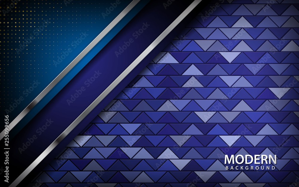 Poster realistic blue abstract background. blue layer with silver line on triangle pattern background. 3d b