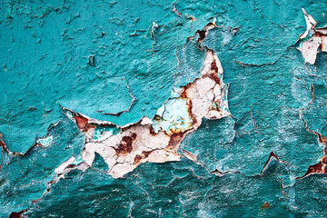 Background metal corrosion and cracking, scattering, rust green paint corroded close-up.