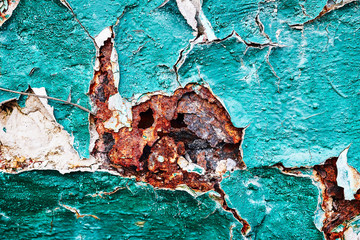 Background metal corrosion and cracking, scattering, corrosive, rusty pieces, green paint rusting...