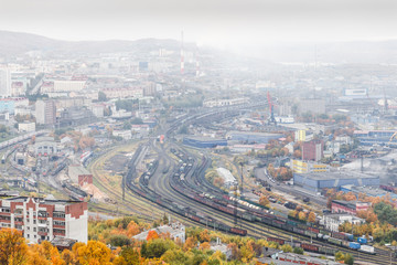 Panoramic view of railroad ways in the city of Murmansk on a cloudy autumn day