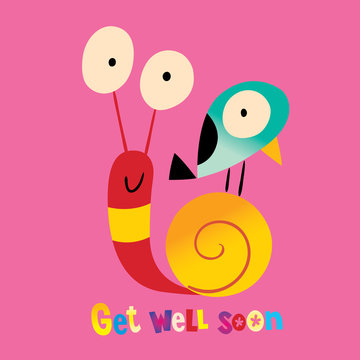 Get well soon card with cute snail and bird characters