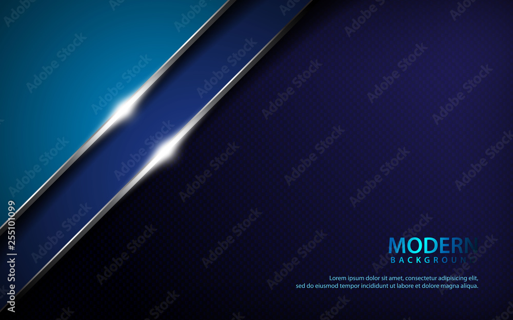 Poster dark blue abstract overlap layers background. texture with silver list and sparkle of light decorati