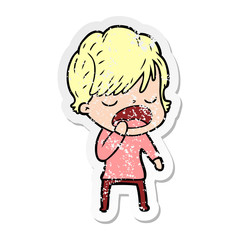 distressed sticker of a cartoon woman talking