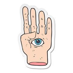 sticker of a cartoon spooky hand with eyeball