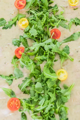 tray with mozzarella cheese, tomato and lettuce for a buffet