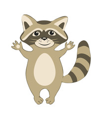 Fototapeta na wymiar Funny little raccoon, greeting and smiling. Vector cartoon illustration, isolated.