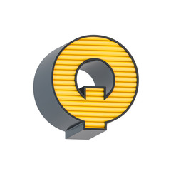 Retro style black and yellow letter alphabet character Q font. Front view capital symbol isolated over white background. 3d rendering illustration.