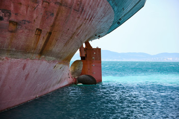Close-up of the ship's propellers in the water. As a result of the storm, the ship Rio ran aground...