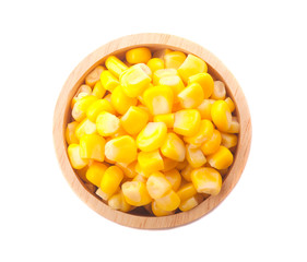 Top view of Sweet corn in wooden bowl on white background.