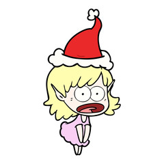 line drawing of a shocked elf girl wearing santa hat