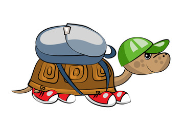 Cute turtle traveller with backpack. Vector cartoon illustration.