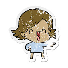 distressed sticker of a cartoon laughing woman