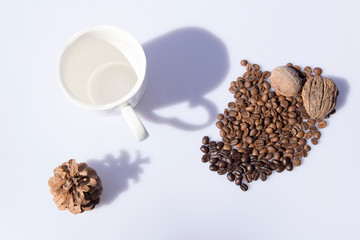 Coffee bean heart, cups and leaf decoration 
