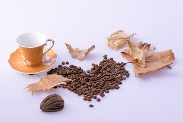 Coffee bean heart, cups and leaf decoration 