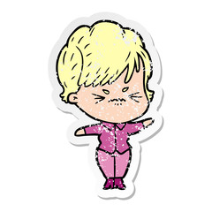 distressed sticker of a cartoon frustrated woman