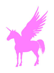 Cute magic pink Unicorn Pegasus vector silhouette isolated on white background. Pegasus silhouette, majestic mythical Greek winged horse.  Mythology flying Horse from dream. Symbol of freedom.