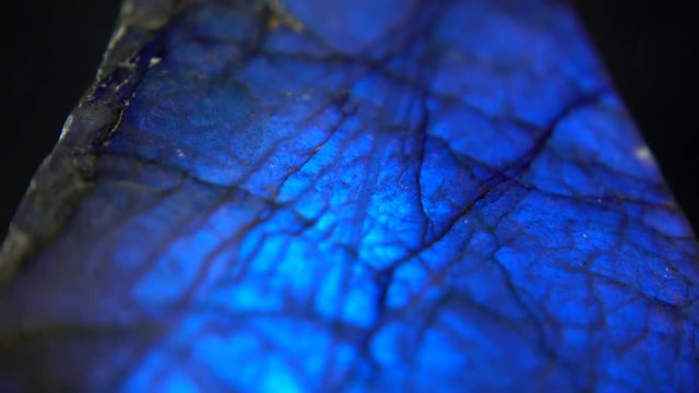 Showing a veined dark blue mineral (Labradorite) in front of black background