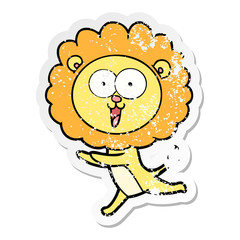 distressed sticker of a happy cartoon lion