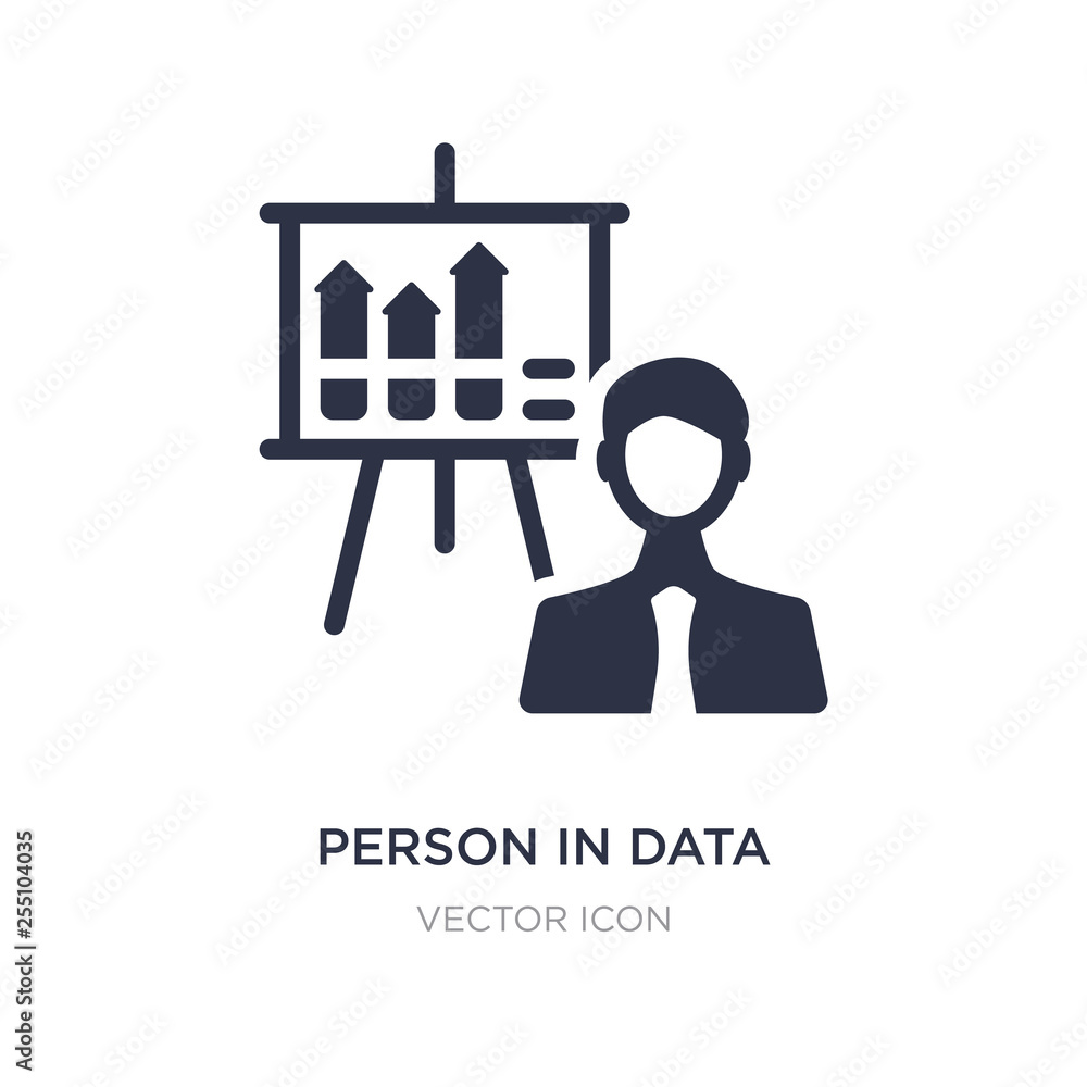 Poster person in data analytics presentation with a graphic on a screen icon on white background. simple el