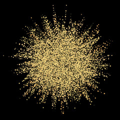 Abstract gold explosion on dark background. Golden glitter powder banner on black background. Colored cloud. Gold dust explode.