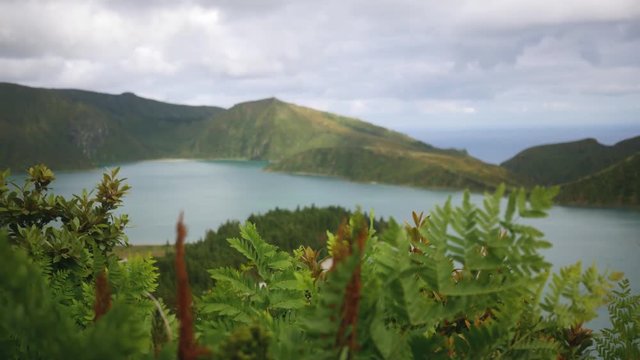 view of a mountain lake in the crater of an extinct volcano of thick green