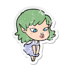 distressed sticker of a pretty cartoon elf girl