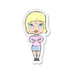 retro distressed sticker of a cartoon woman gesturing at self