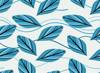 Fototapeta na wymiar floating feathers leaves seamless pattern in blue shades
