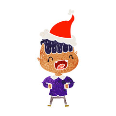 retro cartoon of a happy boy laughing wearing santa hat