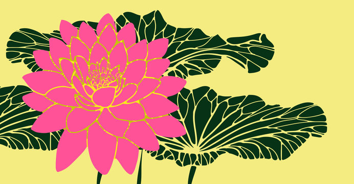 lotus flower with leaves card in bright pink green shades