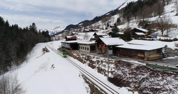 TPC train going out of Les Diablerets - Aerial 4K