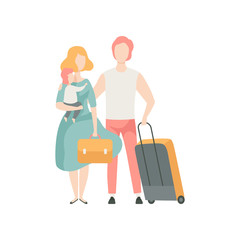 Happy Family Travelling on Vacation, Father, Mother and Baby with Suitcase Vector Illustration