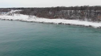 Michigan lake in Winter. Water, cold weather, bird's eye view, drone shots