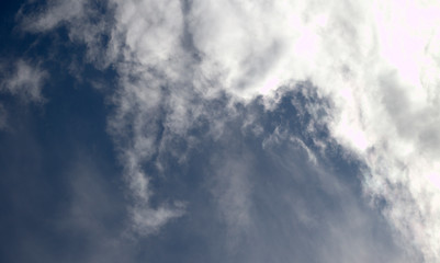 Sky with large white clouds and sun. Concept weather, time for change. Horizontal format