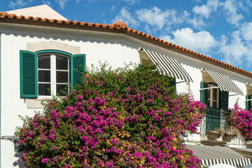 Fototapeta na wymiar Portuguese House Decorated With Purple Flowers And Plants In Cascais City