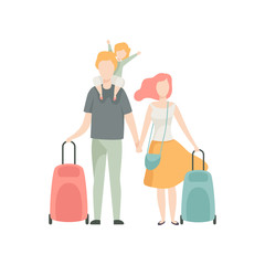 Happy Family Travelling on Vacation, Father, Mother and Kid with Suitcases Vector Illustration