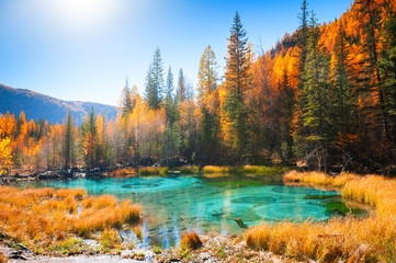 Geyser lake with turquoise water in autumn Altai mountains, Siberia, Russia.