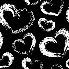 Fototapeta premium Vector seamless hand painted watercolor dry brush Valentine hearts pattern. White on black background. Clipping paths included. The editable texture on Swatches Panel and the style on Graphic Styles