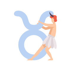Taurus Zodiac Sign, Young Man Wearing Clothes in Style of Ancient Greece Vector Illustration