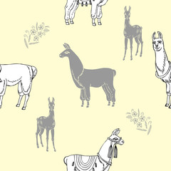 Seamless Pattern with Llamas and Flowers