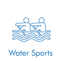 Logotipo abstracto con texto Water Sports con icono lineal canoa en color azul
