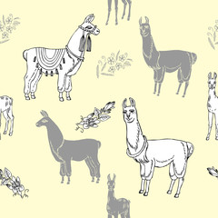 Seamless Pattern with Llamas and Flowers