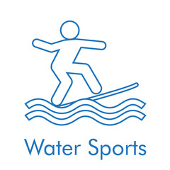 Logotipo abstracto con texto Water Sports con icono lineal surf en color azul