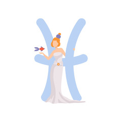 Pisces Zodiac Sign, Young Beautiful Woman Wearing Clothes in Style of Ancient Greece Vector Illustration